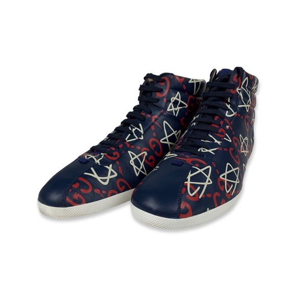 Gucci Ghost Red White and Navy High Top Leather Sneakers - Picture 3 of 16